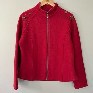 Norlender 100% Wool Zip Up Jacket Sz‎ S Red Embroidered Scandinavian